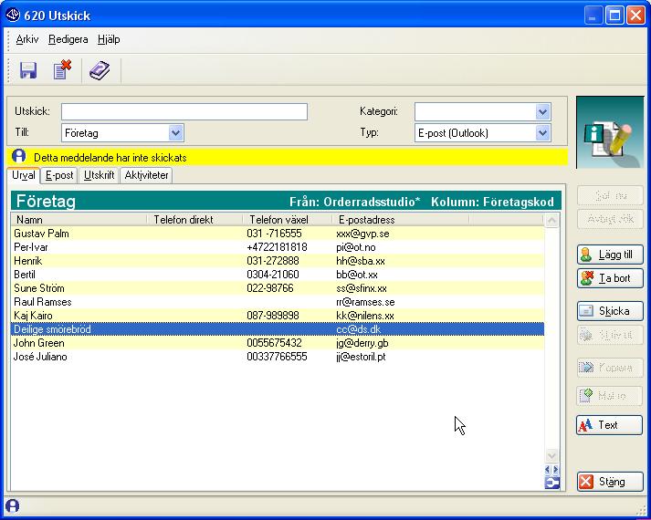 CRM-handbok - Utskick I dialogen som öppnats kan du se att urvalet skapats i Orderradsstudion och att e-postadresserna baseras på innehållet i kolumnen Företagskod.