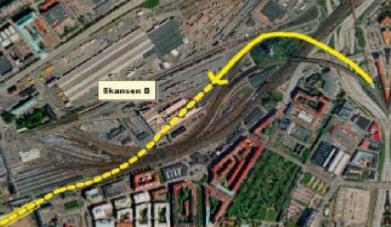 Skansen: från Västkustbanan med viadukt norr om Lejonet ( 1 = fler tåg från Norr, 2 = fler tåg från