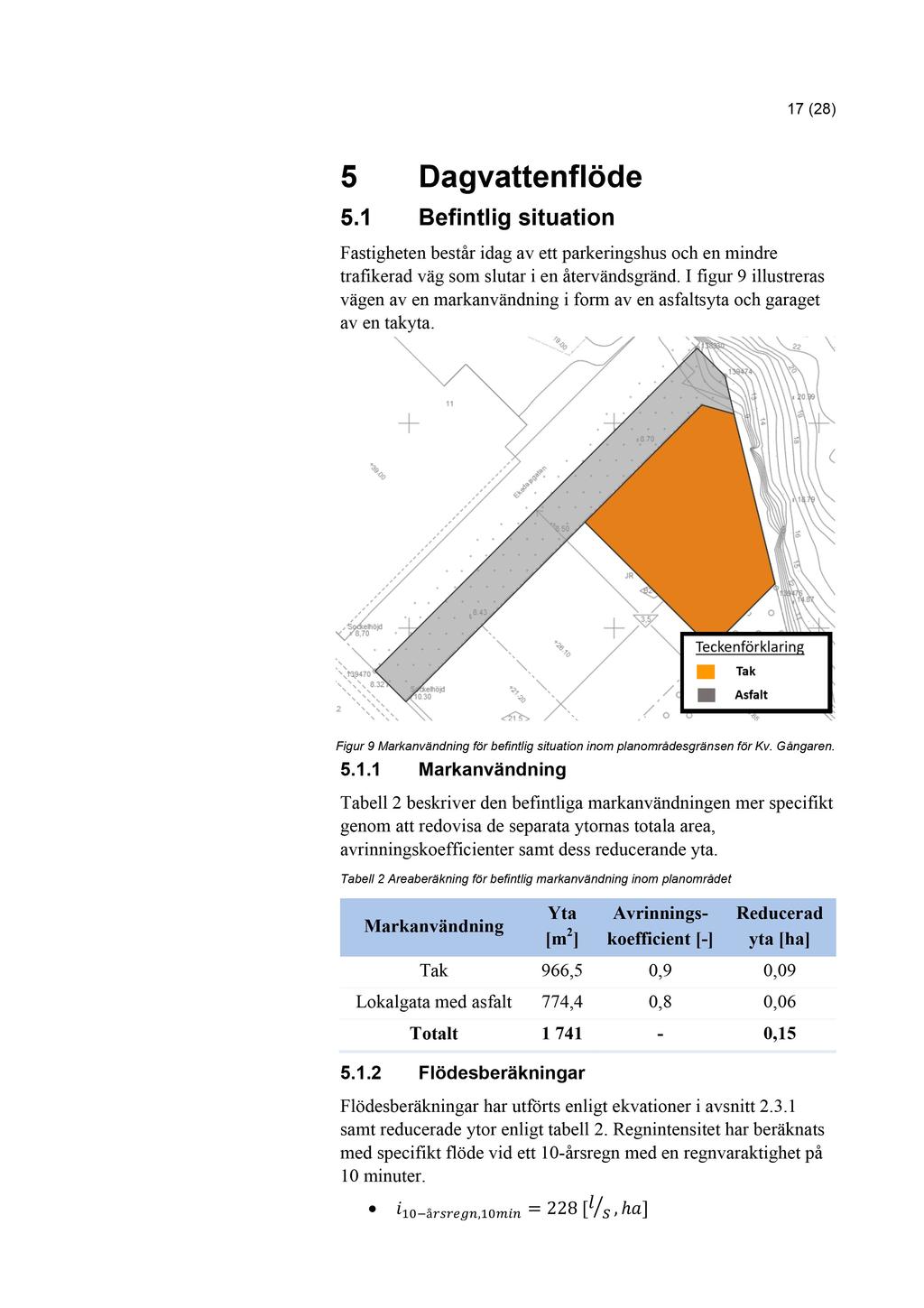 17 ( 28 ) 5 Dagvattenflöde 5.1 Befintlig situation Fastigheten består idag av ett parkeringshus och en mindre trafikerad väg som slutar i en å tervändsgränd.