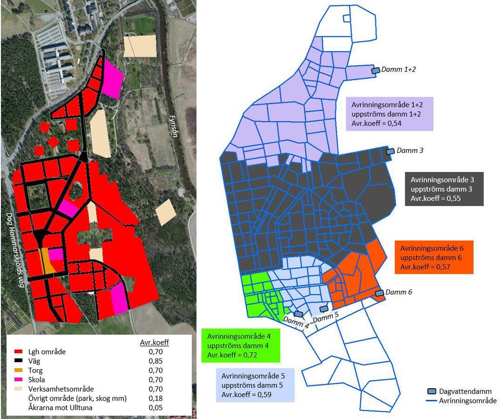 Sida 5 (10) Figur 2: Översikt över planerad bebyggelse, avrinningskoefficienter och delavrinningsområden. Källa: Sweco 2017 (referens 4). 2.2.2 Avledning via dagvatten Dagvatten genereras från hårdgjorda ytor som till exempel asfalterade vägartrafikytor.