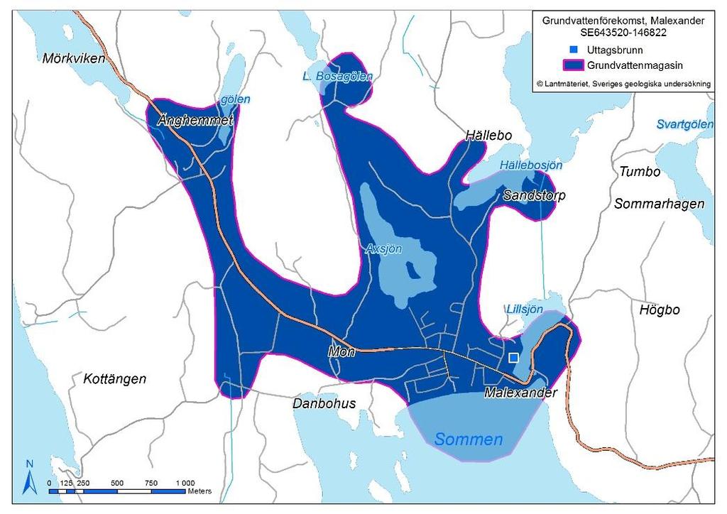 Figur 8 Grundvattenmagasinet vid Malexander. Karta: SGU b, 2016.