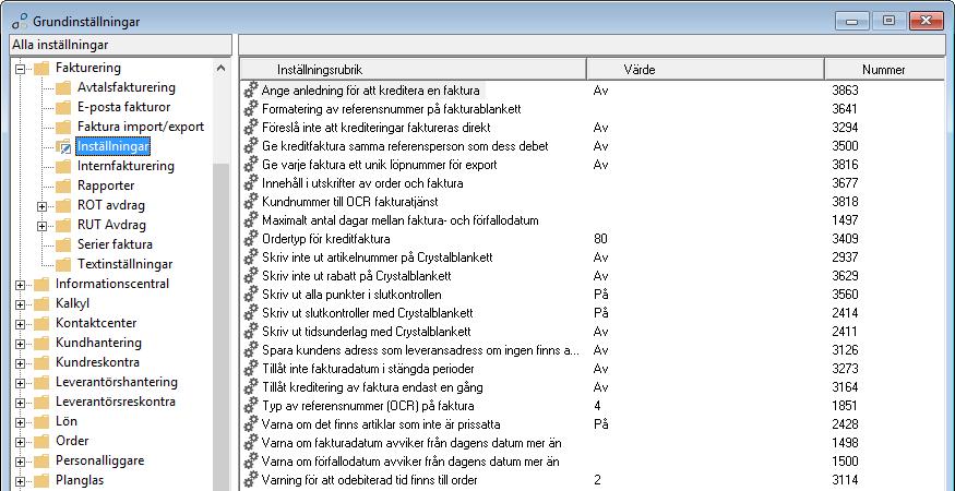 Inställningar 3863. Ange anledning för att kreditera en faktura. Fakturor som krediteras loggas i den interna systemloggen.