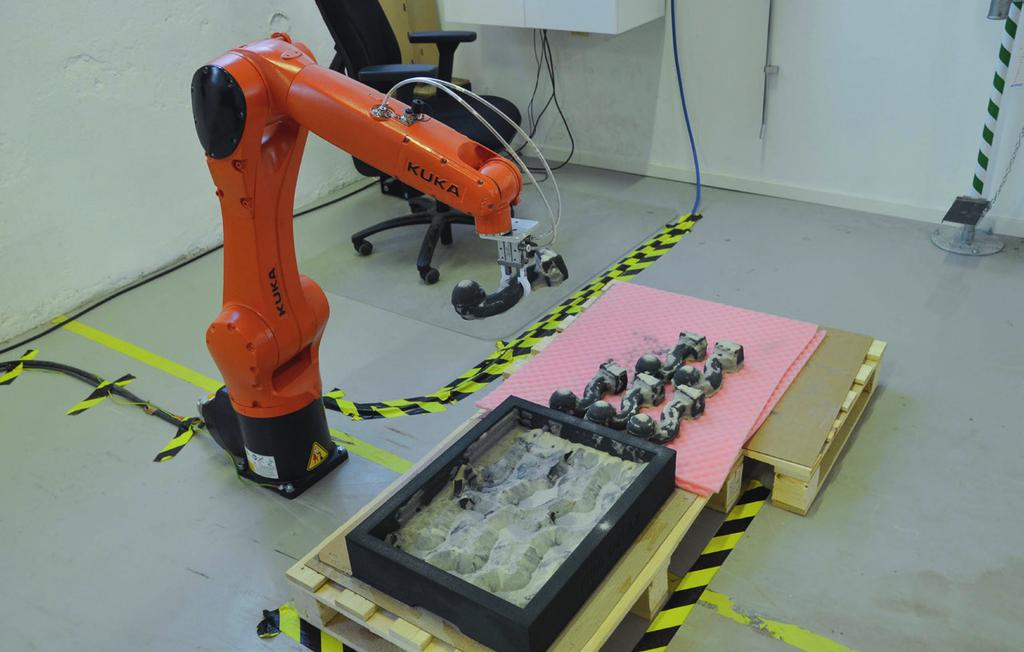 Under vintern har en robot från KUKA Nordic använts vid efterbearbetningen av 3D-printade sandkärnor vid Swerea SWECASTs test-och demoanläggning.