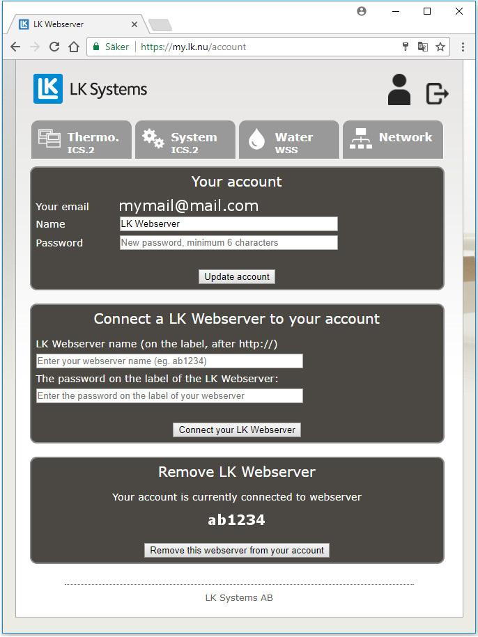 Webbservern är molnbaserad och med det kan det komma uppdateringar av gränssnittet och funktioner som direkt blir tillgänliga för användaren, se senaste manualen på www.lksystems.se. 2 4 3 5 3 Meny Logga ut från kontot Konto Klickar man på kontoikonen kommer man till sidan nedan där man kan byta namn på kontot och byta lösenord.