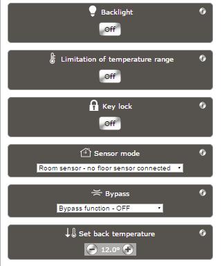 Menyflik System Menysida för inställningar av enskild rumstermostat. För varje funktion finns en i-ikon/informationsikon som är klickbar.