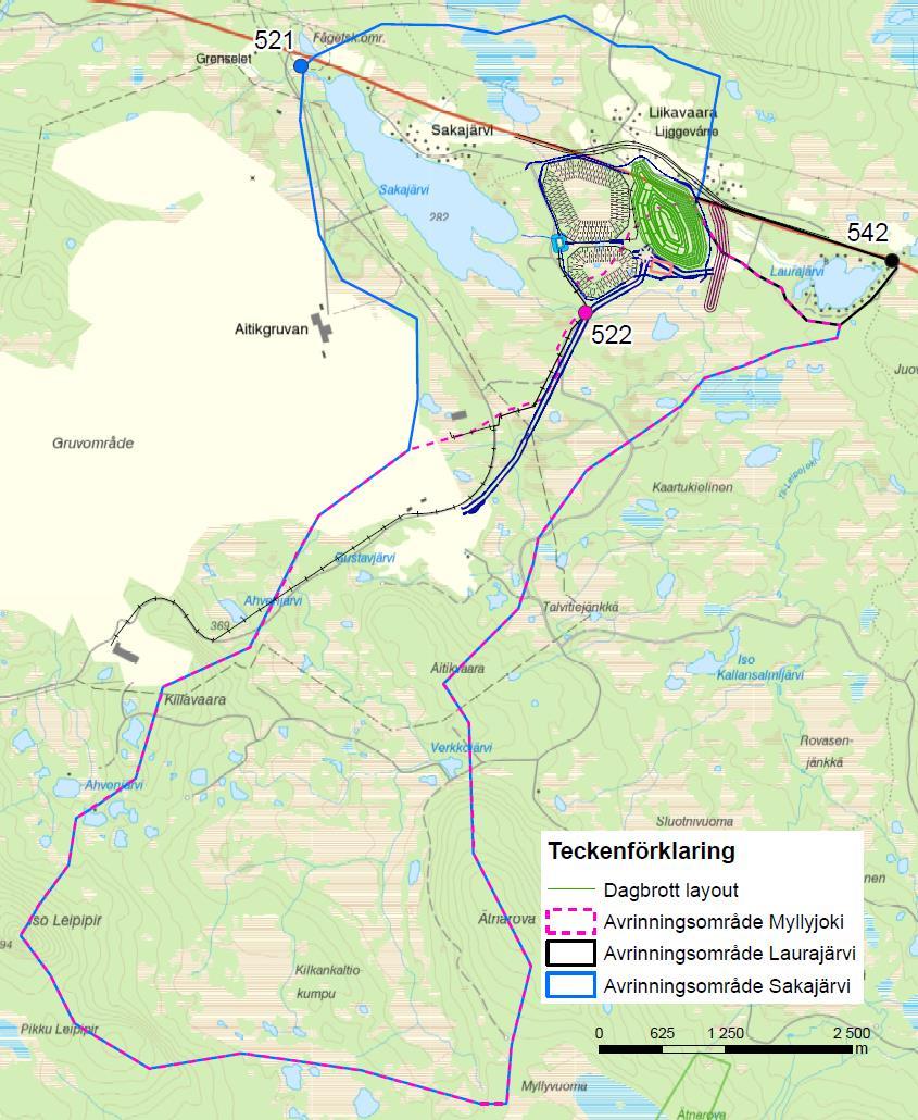 Bedömd flödespåverkan på ytvattensystemet Myllyjoki - Ca 4% bortfall av avrinningsområde - Motsvarar ca 11 l/s för MQ - Påverkan bedöms bli marginell Sakajärvi - Ca 8% bortfall av avrinningsområde -
