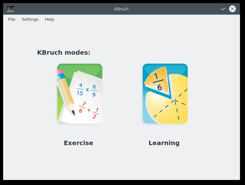 Kapitel 2 Att använda KBruch 2.1 Välja läget: inlärning eller övning När KBruch startas, erbjuder det två lägen: Övning, som är övningsläget och Inlärning där du kan lära dig förstå bråk.