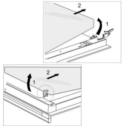 TA BORT OCH ÅTERMONTERA UGNSLUCKANS GLASRUTA Ugnsluckans glasruta kan rengöras från insidan, men den måste tas bort först. Ta bort ugnsluckan (se kapitlet "Ta bort och montera ugnsluckan").