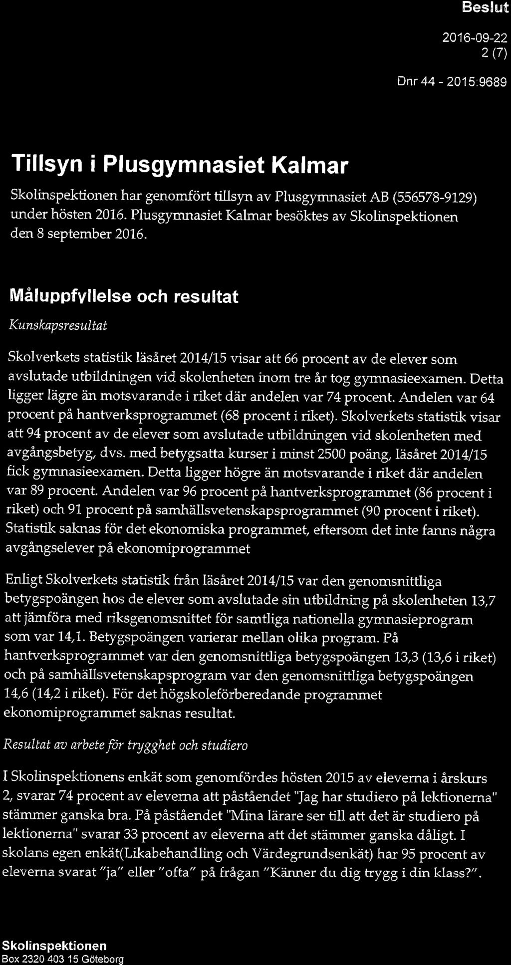 Besl. t 2016-09-22 2 (7) Dnr 44-2015:9689 Tillsyn i Plusgymnasiet Kalmar Skolinspektionen har genomfort tilltyn av Plusgymnasiet AB (ss6srs-9129) under hösten 2016.