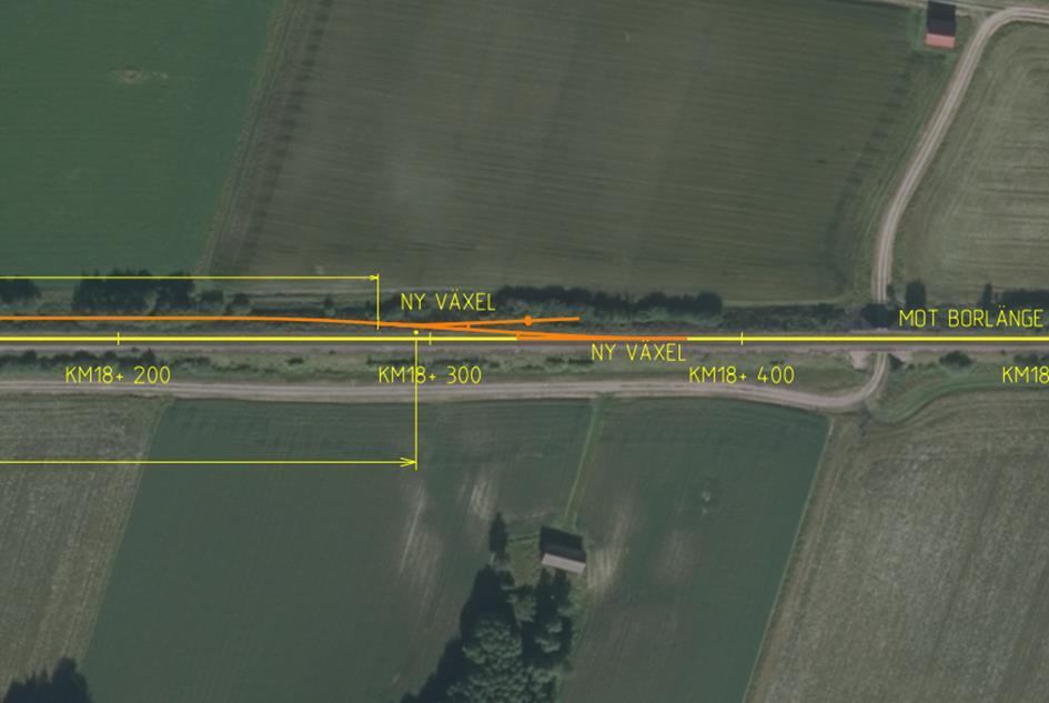 via en skyddsväxel vid ca. KM 17+450. Dubbelspåret fortsätter norrut upp till ca.