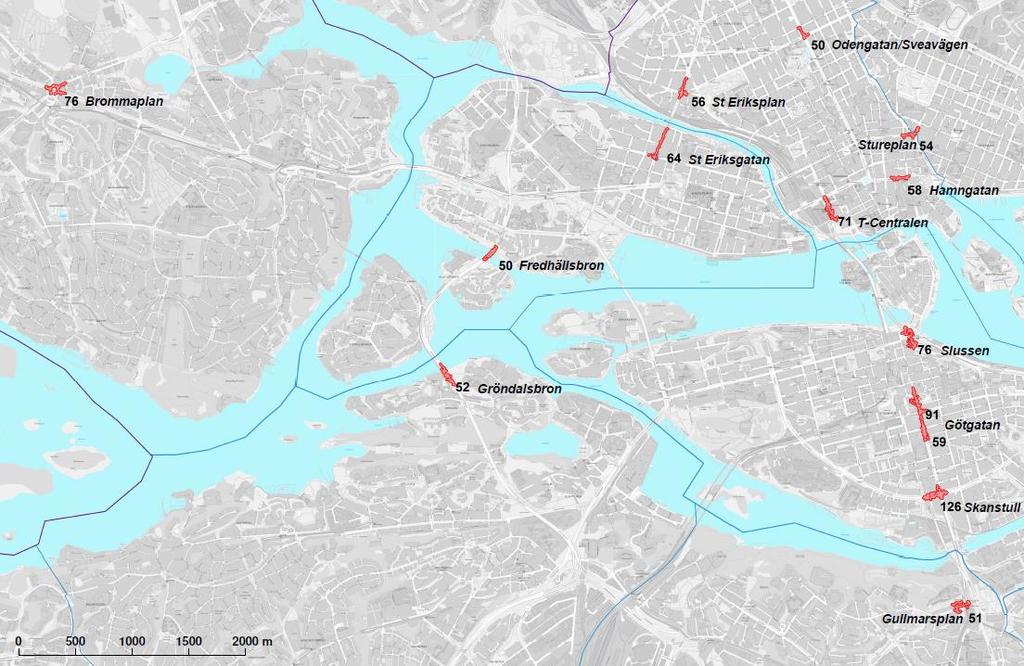 Kartbild 1 Särskilt olycksdrabbade platser i Stockholm, avseende samtliga trafikolyckstyper under åren 2013 2017 Källa: STRADA (olyckor) i GIS NOT 1.