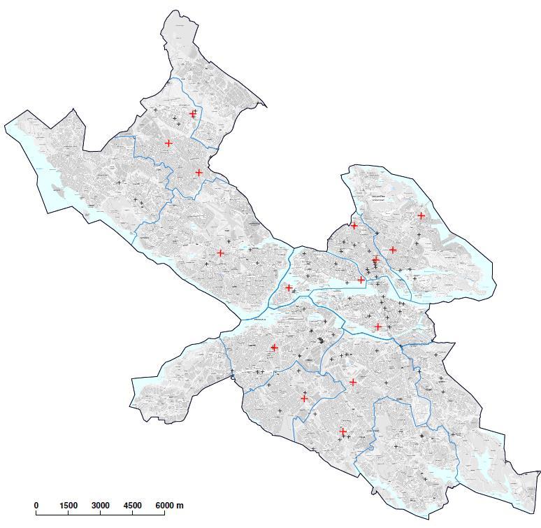 Kartbild 2 Dödsolyckor, Stockholm, åren 2008 2017 Källa: STRADA (olyckor) i GIS NOT 1. De rödmarkerade korsen med numrering visar 2017 års dödsolyckor.