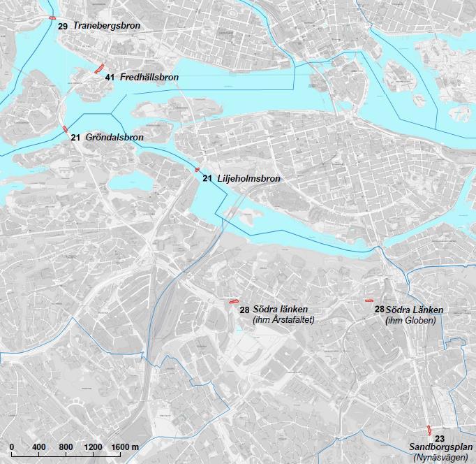 Kartbild 6 Särskilt olycksdrabbade platser med avseende på upphinnandeolyckor med motorfordon, Stockholms stad, åren 2013-2017 Källa: STRADA (olyckor) i GIS NOT 1.