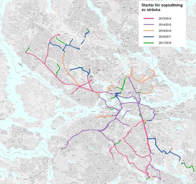 Kartbild 7 Cykelstråk som sopsaltas under vintersäsongen, total sträcka uppmärkt efter uppstartsår, Stockholm, vintersäsongerna 2013/2014 2017/2018 Källa: Trafikkontoret, Stockholms stad De