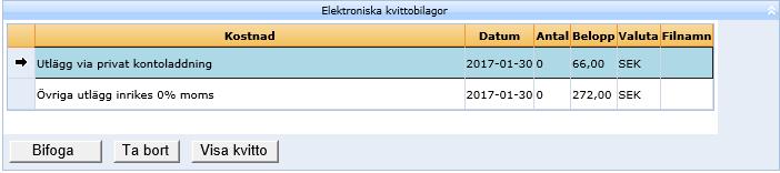 Markera någon av raderna som härrör till kvittobilagan. Markera aktuell kvittobilaga och dubbelklicka på den.