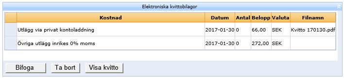 För att öppna Kvittobilagan markera raden och klicka på För att ta bort Kvittobilagan markera aktuell rad och klicka på för att komma tillbaka till