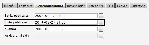 Schemalägg avpublicering av sida Schemalagd publicering Slut Sluta publicera