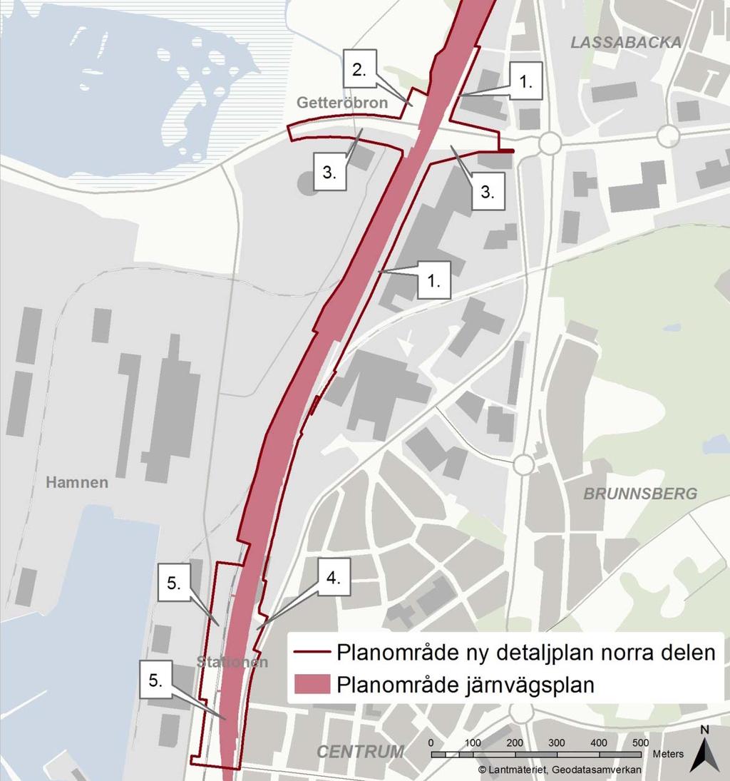 Figur 5 Områden som omfattas av detaljplanen men är utanför planområdet för järnvägsplanen 5.