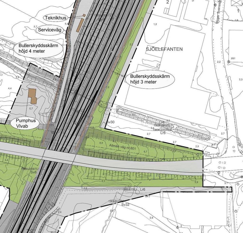 2. 1. 3. 3. Figur 6 Område för underjordiska ledningar öster om järnvägen och område för teknisk anläggning/pumphus, utdrag från illustrationsplan. Område 1, 2 och 3 5.