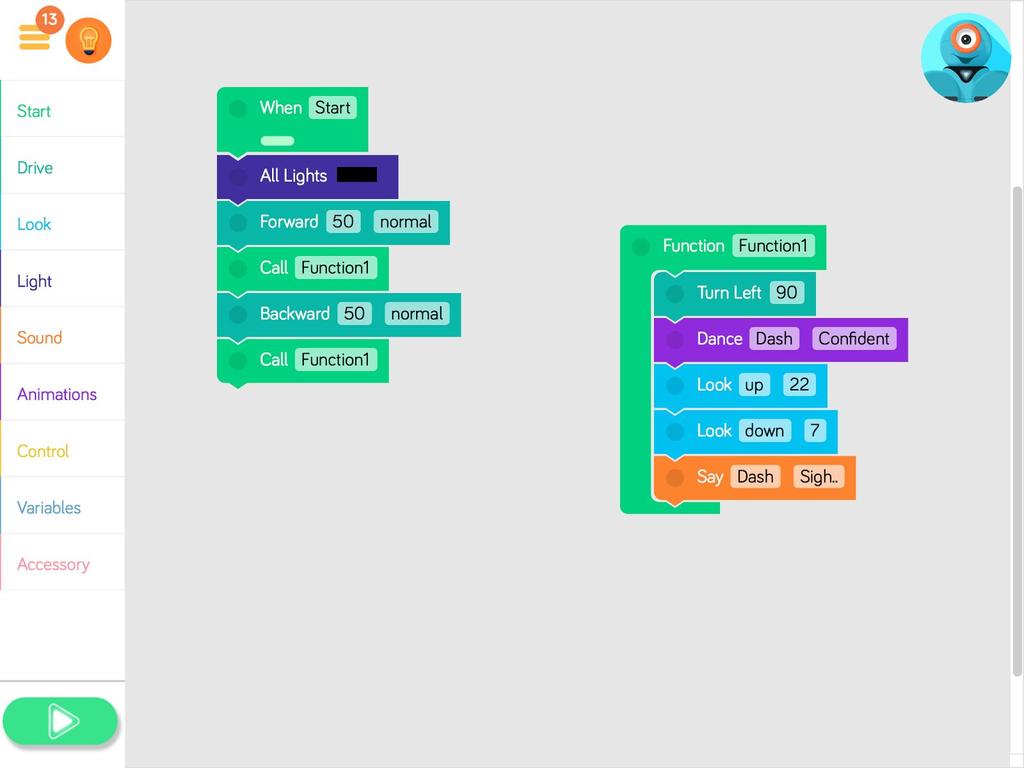 Function Under Drive-menyn finns block som heter Function. De används om man vill använda en serie kommandon på flera ställen i sitt program.