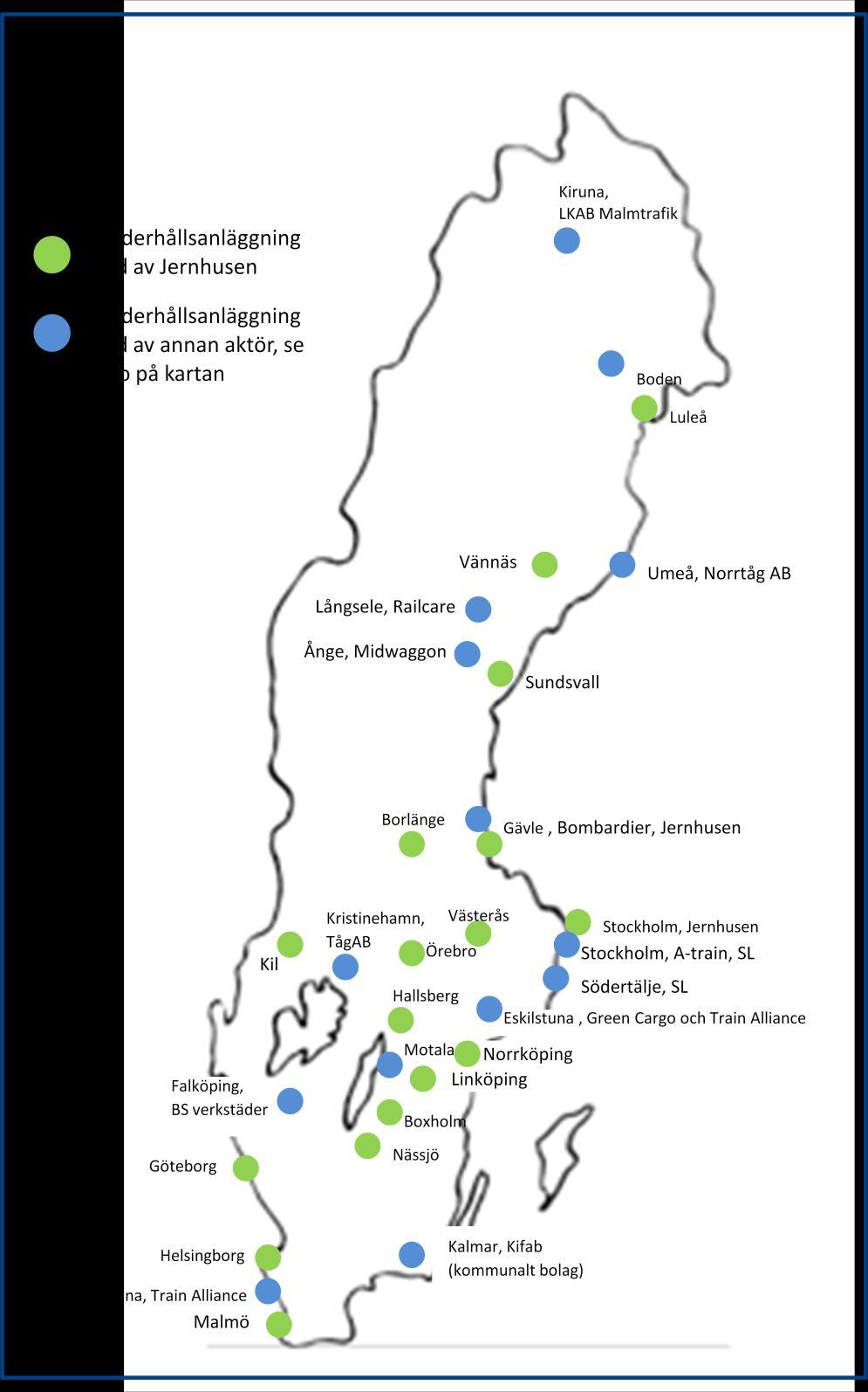 Figur 7: Platser i Sverige med en eller flera underhållsanläggningar.