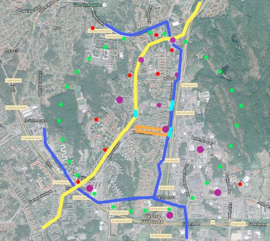 Bild 1 Planområdet (orange) med utpekad service, kollektivtrafik, mm Bild 1 visar planområdet centralt i bilden (orange), närmsta hållplatser för spårvagn och buss (ljusblå), spårvagnslinje (gul),