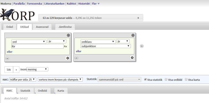 Figur 3.1 Sökverktyget Korp Figur 3.1 visar en utökad sökning. Resultatet kan sorteras på olika sätt, exempelvis på förekomst, träff eller slumpvis.