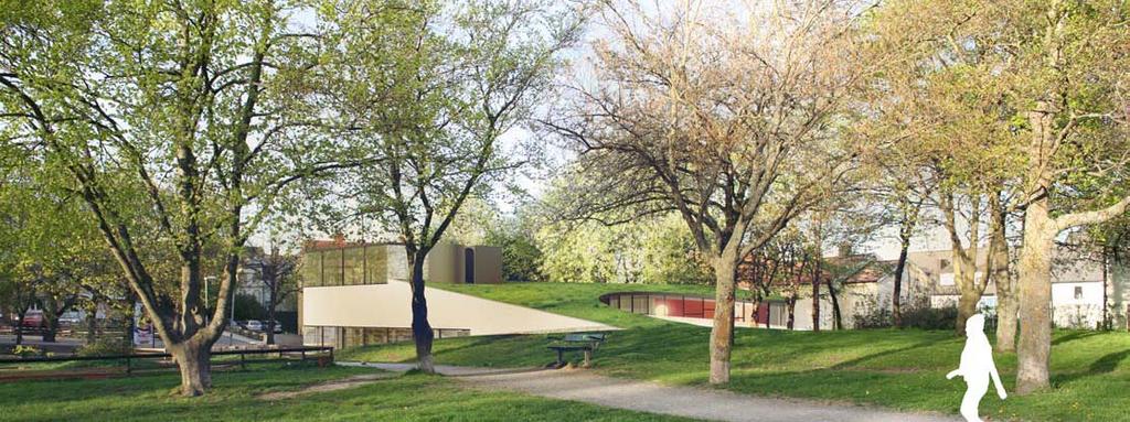 Förslaget Pocket redovisar en arkitektoniskt spännande övergång mellan park och gaturum. Parken har tagit byggnaden i besittning.