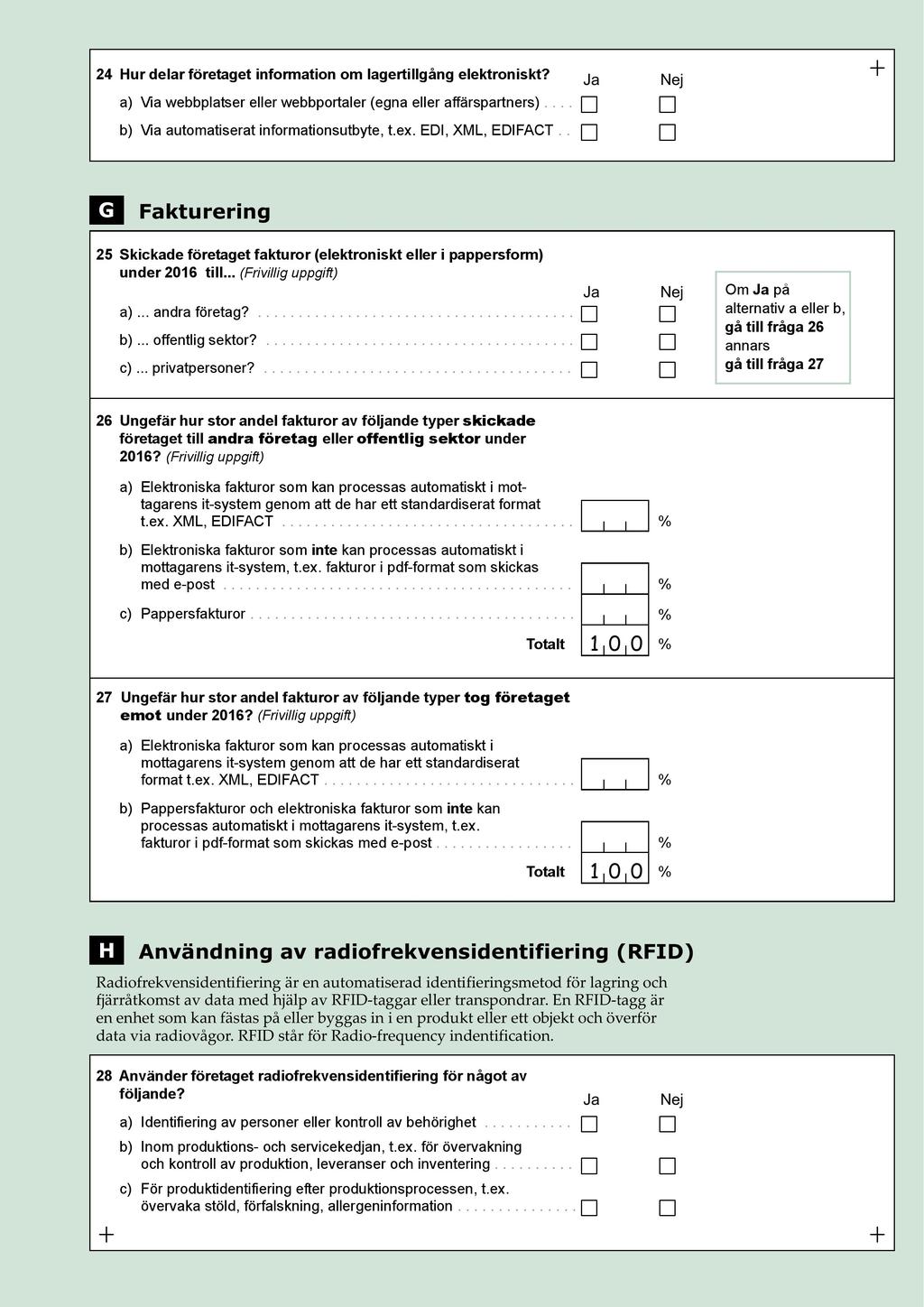 24 Hur delar företaget information om lagertillgång elektronis kt? a) Via webbplatser eller webbportaler (egna eller affärspart ners).... b) Via automatiserat informationsutbyte, t.ex.