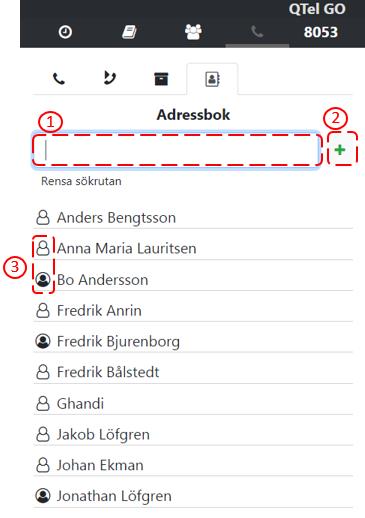 Adressbok 1. Söka, för eller efternamn, nummer, Företag osv. 2. Lägga till ny 3.