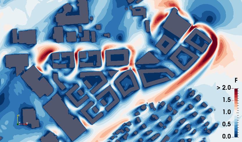 Figur 5: Vindens förstärkning (F) vid vind från nordost (45 o ) på fotgängarnivå