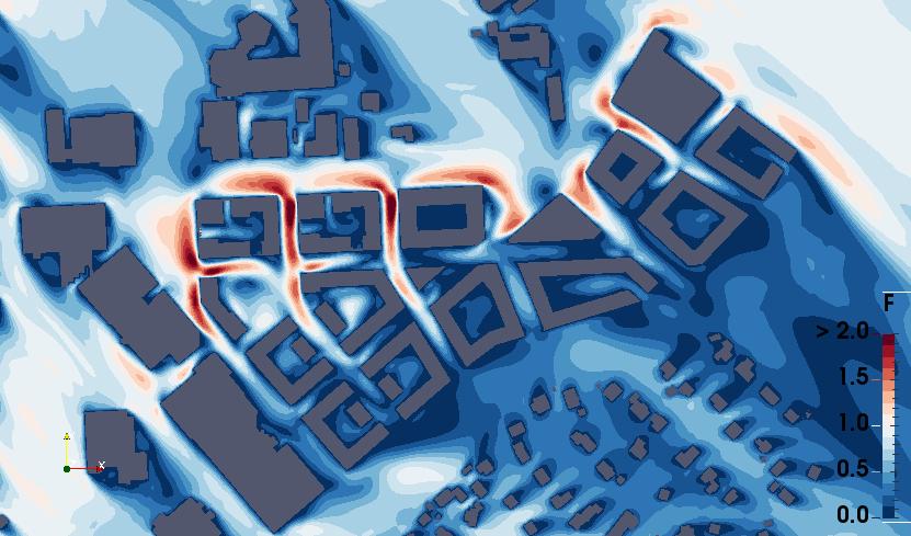 Figur 11: Vindens förstärkning (F) vid vind från nordväst (315 o ) på fotgängarnivå