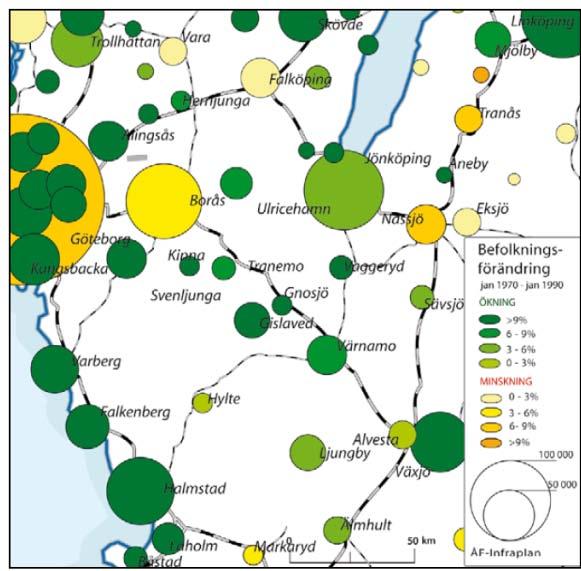 I läns och utbildningscentra Jönköping, Borås och Halmstad finns det ett kvinnoöverskott (Entreprenörsregionen, 2008). Folkmängdsförändring från 1999. Bildkälla Regionförbudet Jönköpings län.