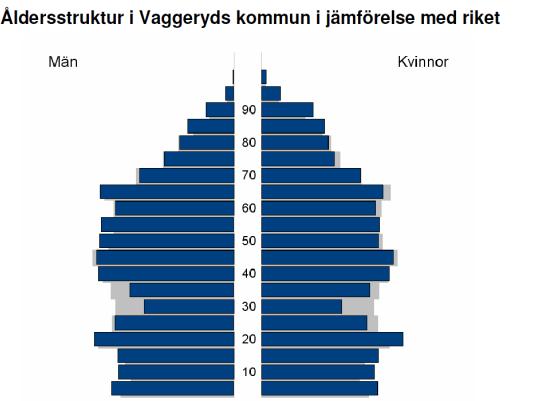 Flyttmönstret för 2008 visar att om man ser till in och utflyttningar ökade befolkningen i Vaggeryd med endast 10 personer och att en stor del av de som flyttade därifrån var i åldersgruppen 19 24
