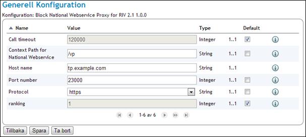 9.7.3. Block National Webservice Proxy for RIV 2.1 1.0.0 Se exempelbilden nedan för konfigurationen. 1. 2. 3. Öppna konfigurationen Block National Webservice Proxy for RIV 2.1 1.0.0. Ange Context path, Host name och Port number.