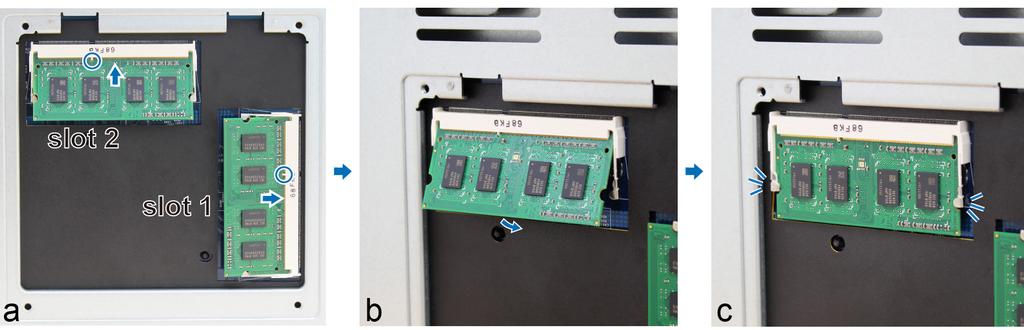 Ta ur alla kablar som är anslutna till din DiskStation för att förhindra eventuella skador. 2 RAM-modulerna finns undertill på DS1817+. 3 Ta bort de 4 skruvarna som håller fast bottenluckan.
