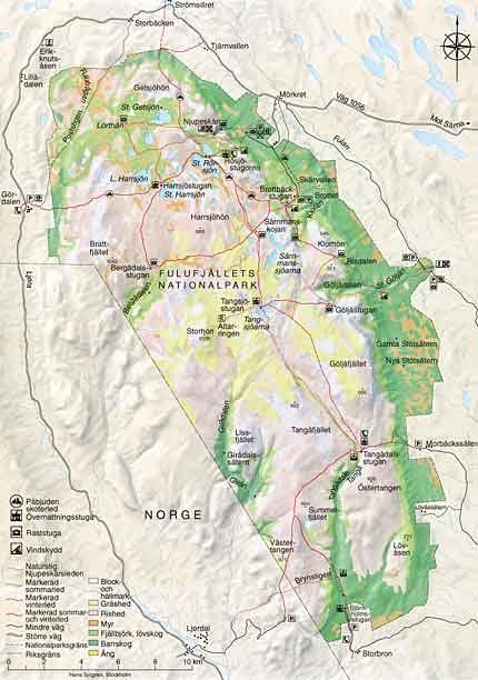 rest cabins. The national park contains 38,000 hectares (ca. 93,900 acres), two-thirds of which consist of mountain heath and barrens.