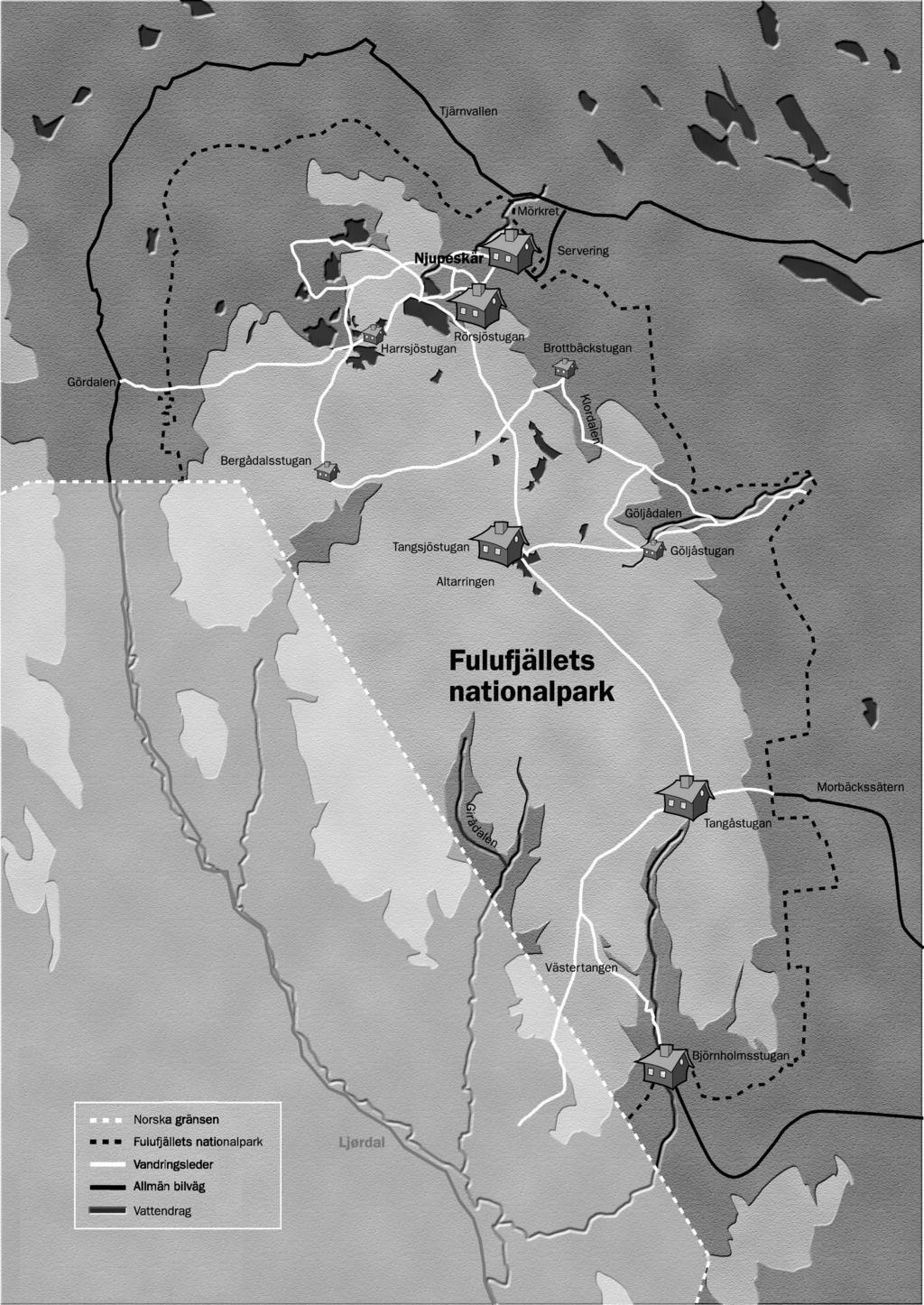 Karta över Fulufjällets nationalpark Med Fulufjället avses området för nationalparken som är