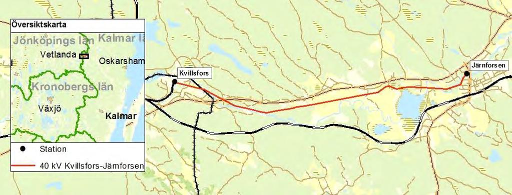 1 Inledning E.ON Energidistribution AB avser söka förlängt tillstånd för befintlig 40 kv kraftledning mellan Kvillsfors och Järnforsen inom Vetlanda och Hultsfreds kommuner, Jönköping och Kalmar län.