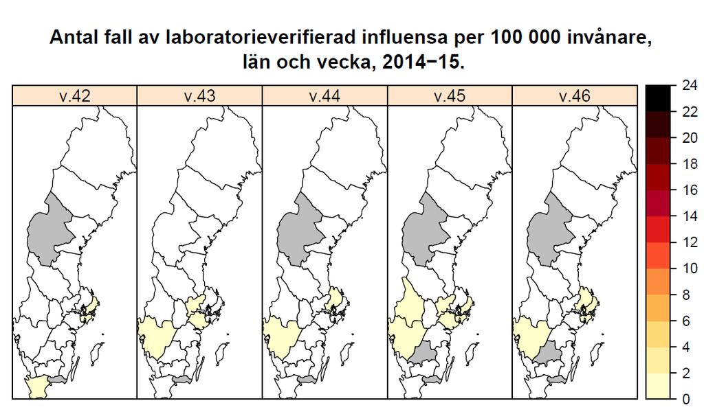 Antal laboratorieverifierade influensafall (alla typer) per län och 100 000 invånare.