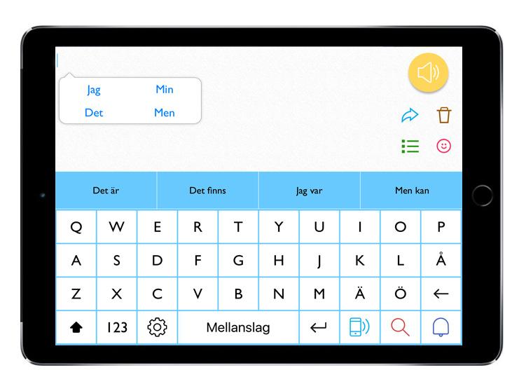 Översikt 3 1 4 2 5 6 7 1 2 3 4 5 6 7 Ordförslag - baseras på det du skriver. Klicka på ett ord för att skriva det. Ordförslag - baseras på det du skriver. Klicka på ett ord för att skriva det. Talknappen - läser upp det du skrivit.