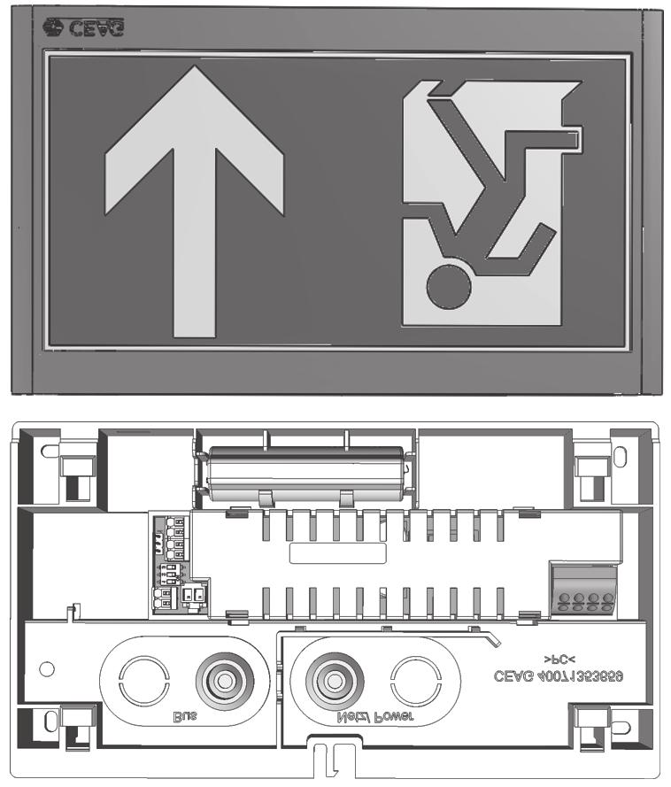 1.1 Väggmontering GuideLed, GuideLed 10811 / 11811 CGLine 2 1 Ledningsdragning LED-anslutning 3 Piktogramskylten bakifrån LiIon-batteri 3 Kabelutgång LED-anslutningskabel Utrymme för kabelingångar