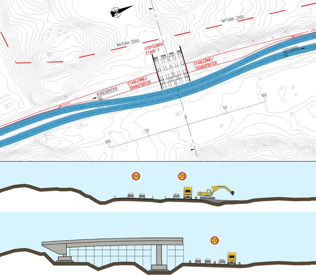 BYGGMETOD och trafikföringsprinciper: Platsbyggd betongkonstruktion Etapp 1. 15 aug-6 sept 2016. Barriär sätts upp för norrgående riktning (70 km/h) för att kunna bygga omledningsväg.