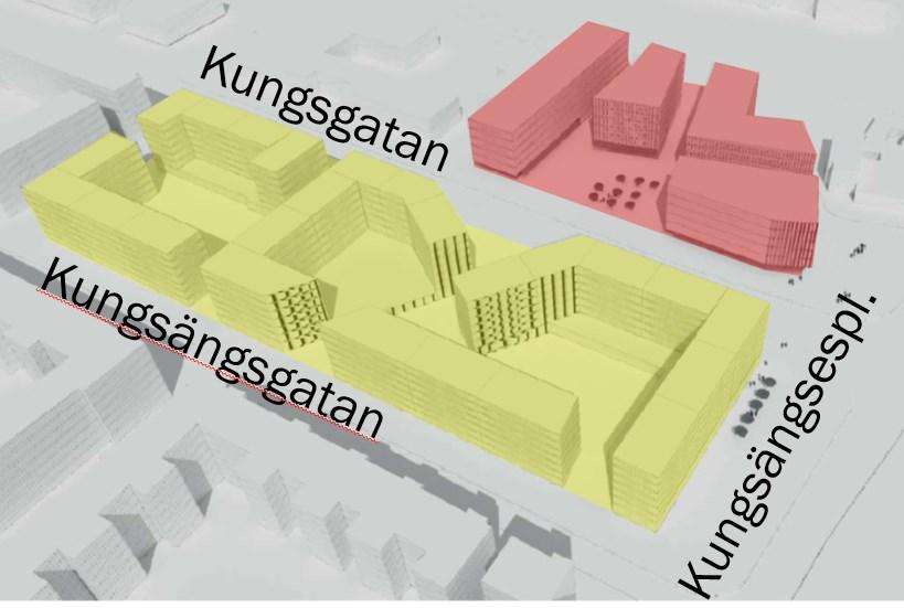 Kungsängen 24:3 (gul färg på illustrationerna nedan) Klövern föreslår bostäder med förskola och andra verksamheter i bottenvåningarna samt att kvarteret delas upp till tre bostadsgårdar med mindre