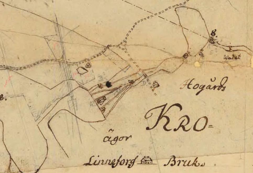 Denna karta (Skeppebo 1803) visar dammarna, de olika verksintagen och järnbrukets byggnader samt kvarnen nedströms. På kartan står Wadet för ett vadställe över ån.