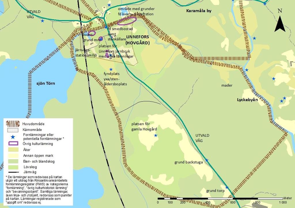 HOVGÅRD/LINNEFORS Klass I Lyckebyån som resurs: Kommunens enda järnbrukslämning. Flera kvarnlämningar. Slåttermark. Lyckebyåns vägar: Äldre vägsträckningar, särskilt utvalda. Stenvalvsbro.