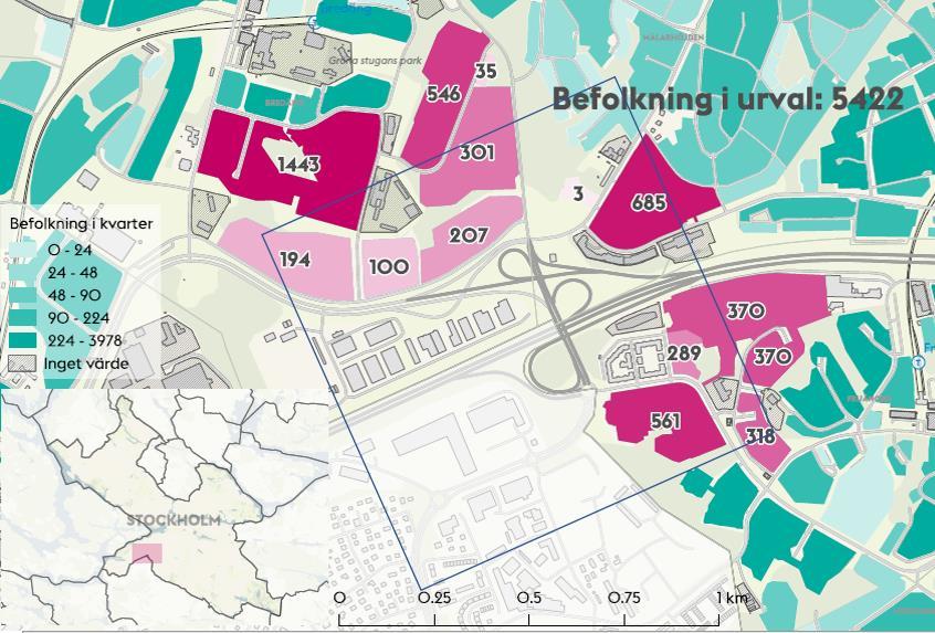 51 (57) Figur 32. Befolkning tillhandahållen från Stockholms stad med aktuell kvadratkilometer markerad. Tillkommande bebyggelse illustreras i planförslaget, se Figur 33.