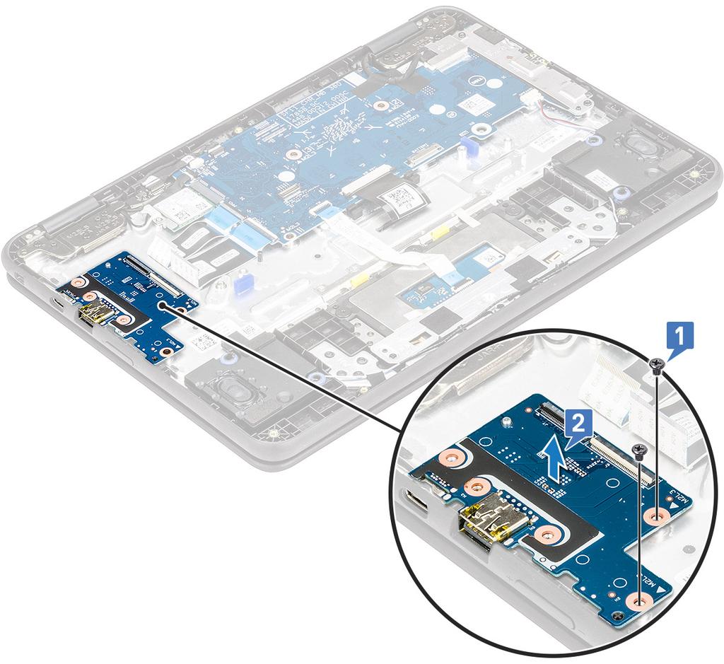 Montera I/O-kort 1 Placera I/O-kortet i kortplatsen i datorn. 2 Sätt tillbaka de två (M2 3) skruvarna som håller fast I/O-kortet i moderkortet.