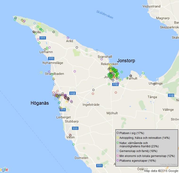 24 Figur 5.3. De viktigaste platserna i Höganäs kommun och deras värdeprofiler som baseras på respondenternas motiveringar av sina val (n=276).