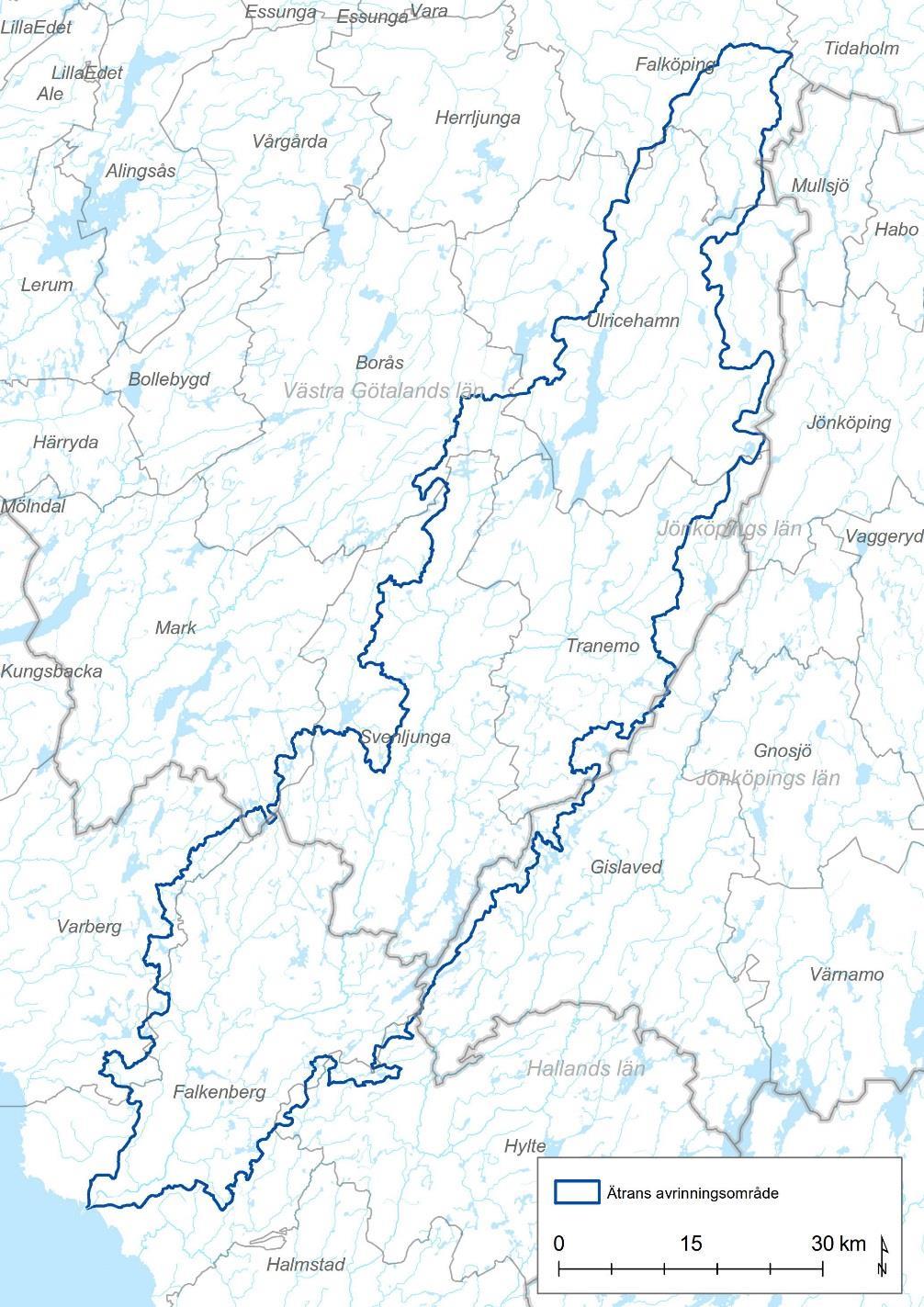 2 Ätrans avrinningsområde Ätrans avrinningsområde är 3 342 km 2 (Figur 2). Ätran rinner genom följande kommuner; Falköping, Ulricehamn, Tranemo, Svenljunga och Falkenberg.